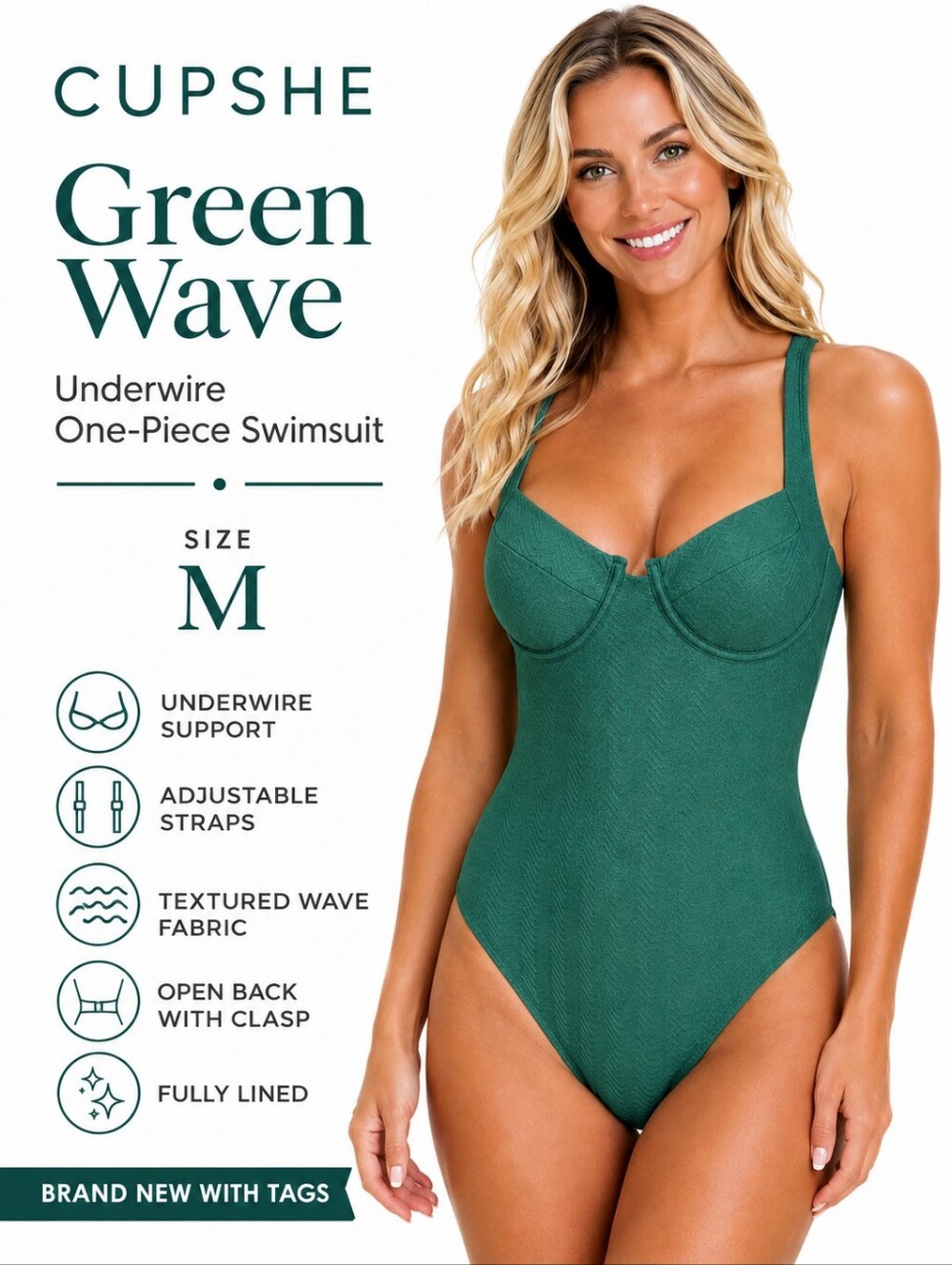 CUPSHE Green Wave Textured Underwire One-Piece Swimsuit Size Large